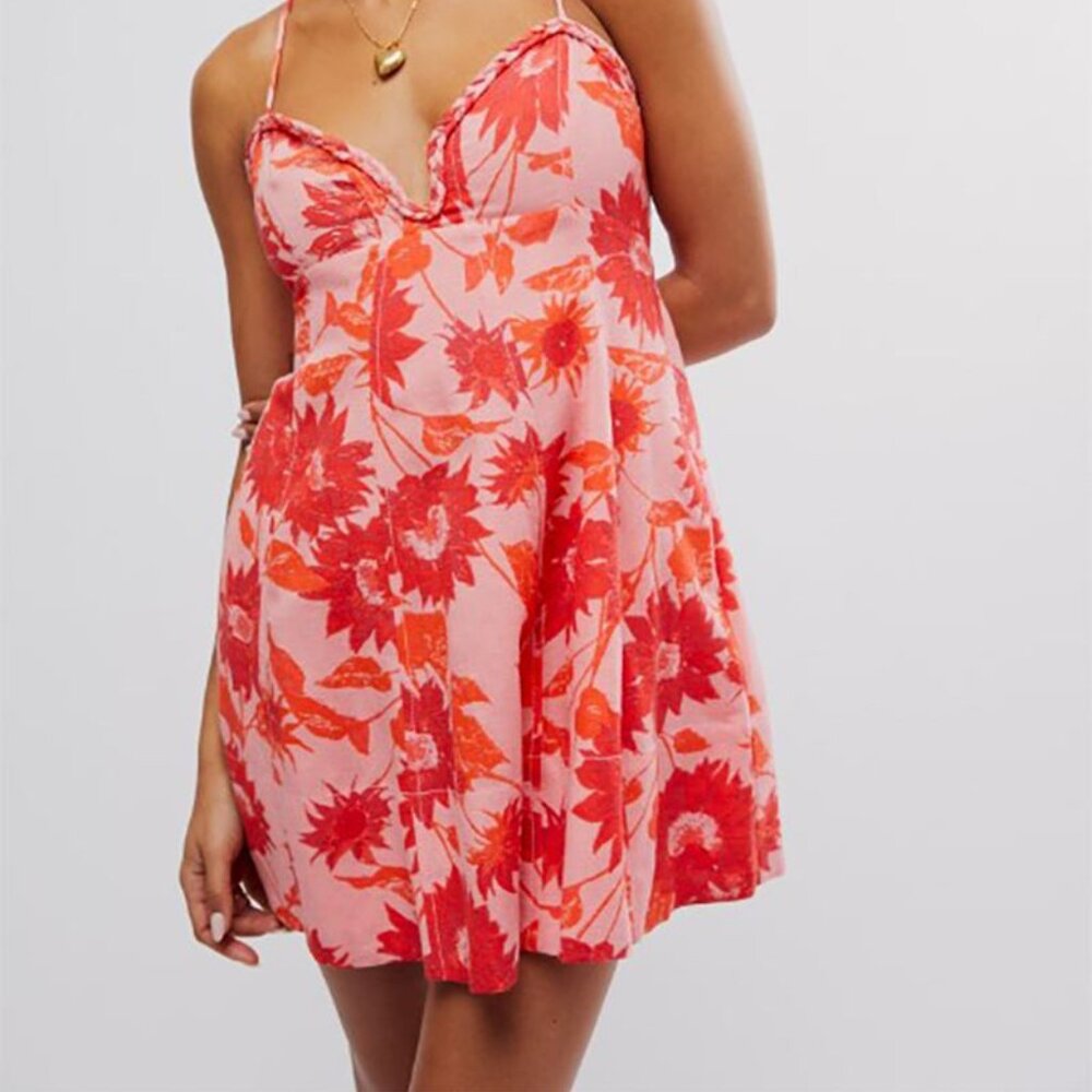 Free People Altura Printed Mini Dress – Pink/Red Floral – Size L (NWT)
